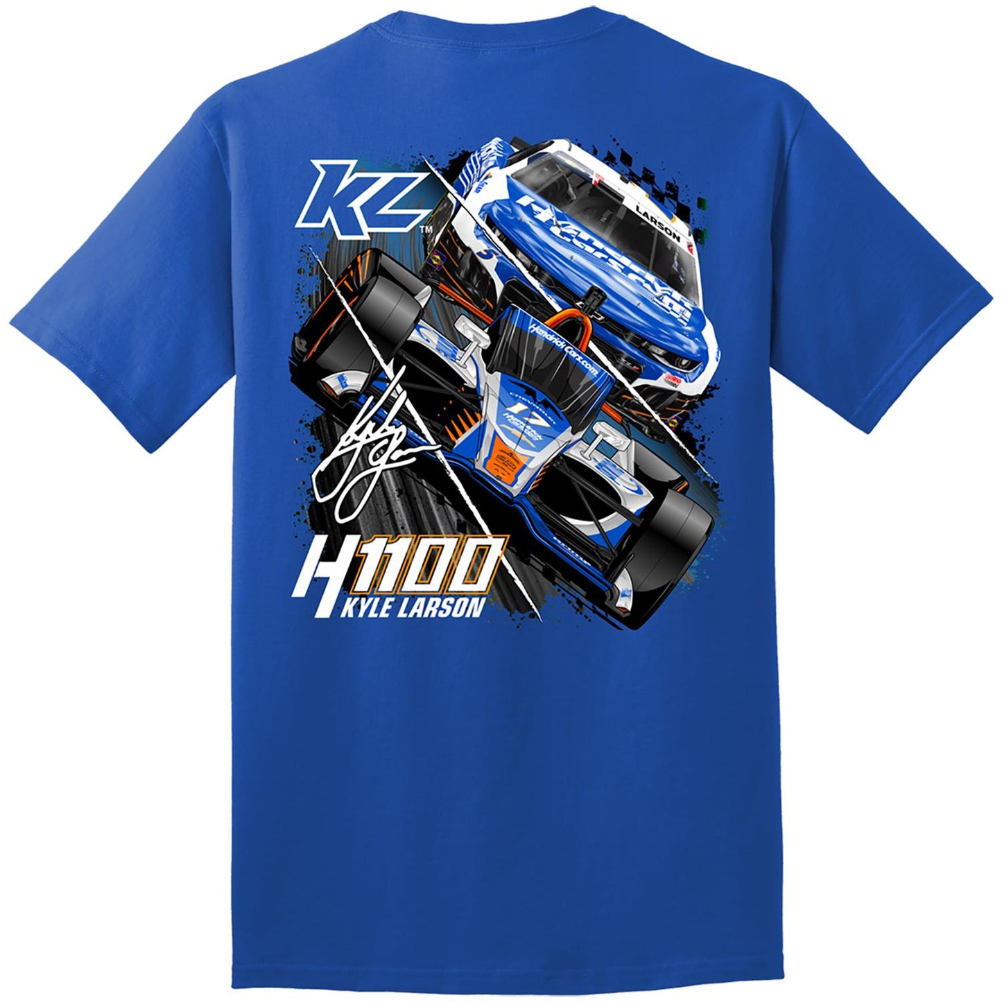 Kyle Larson #5/#17 2025 H1100 HendrickCars.com Dual Car Royal Blue T-shirt
