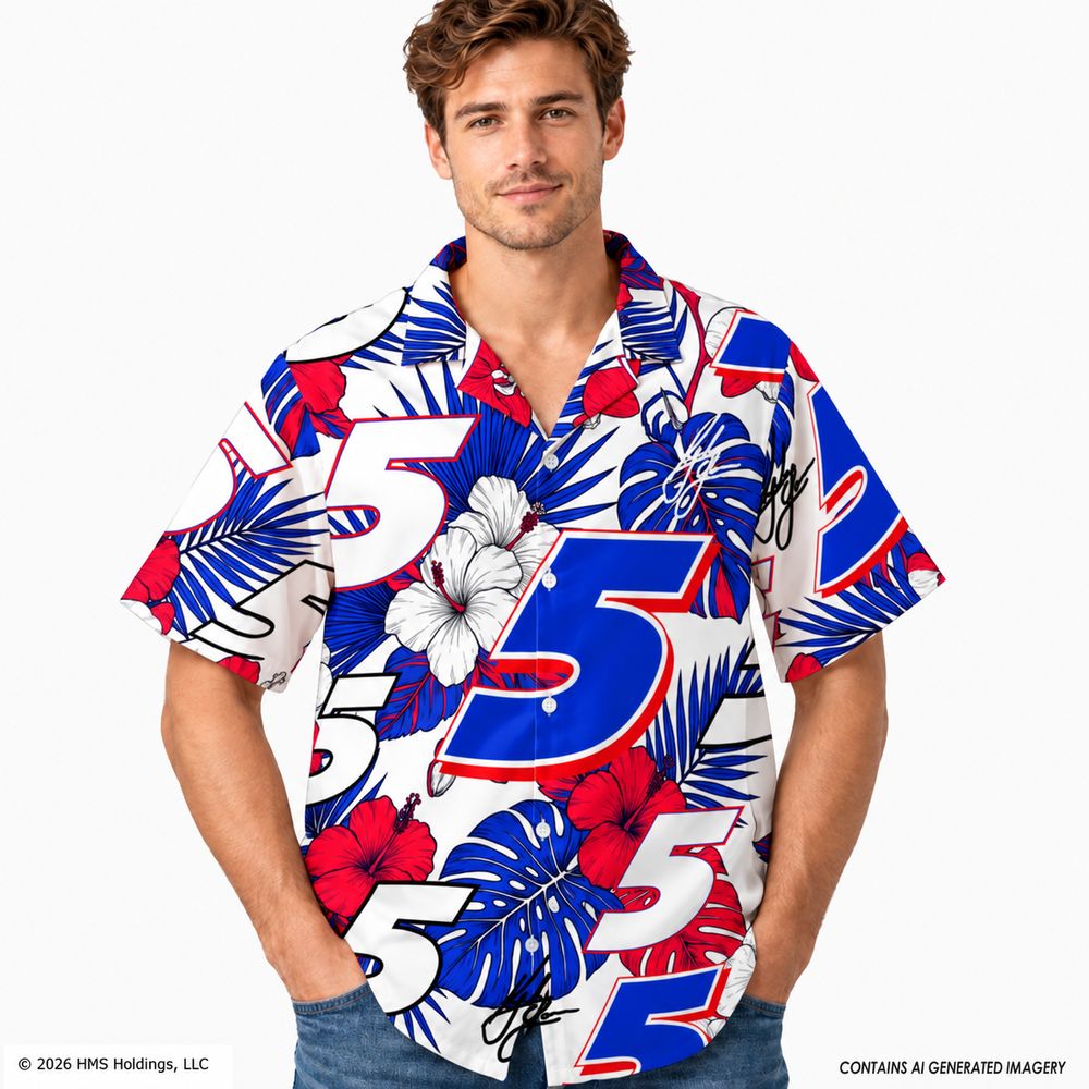 Kyle Larson #5 Red White Blue Floral Hawaiian Shirt