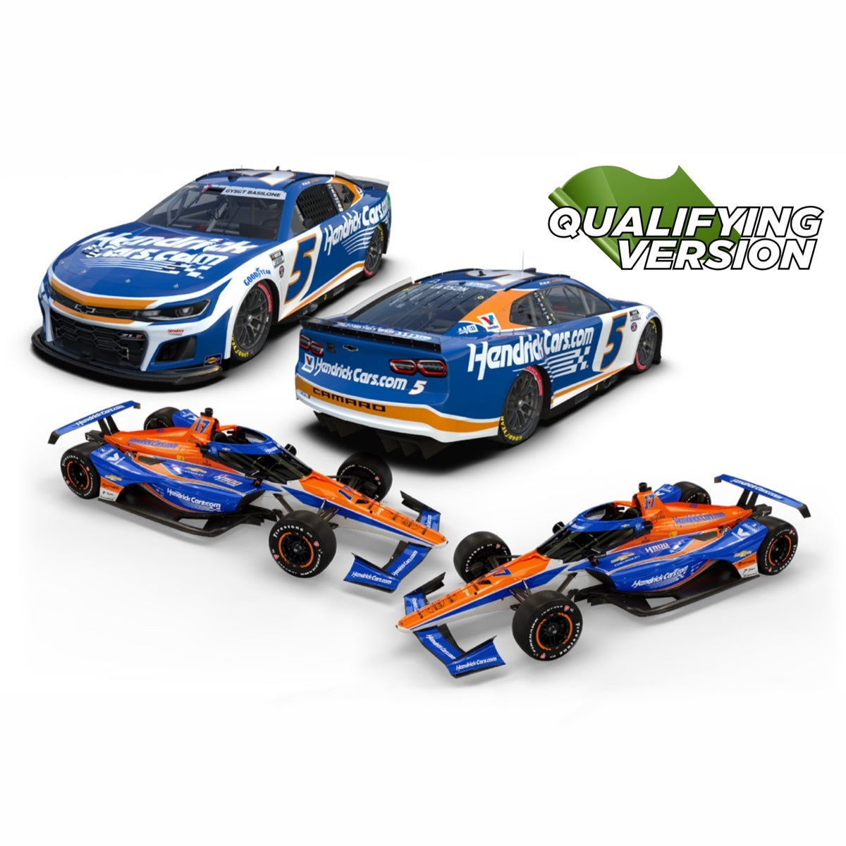 AUTOGRAPHED Kyle Larson 2024 H1100 Qualifying Edition HendrickCars.com Indy 500 No. 17 1:18 Scale & Coke 600 No. 5 1:24 Scale 2-Pack Die-Cast Set