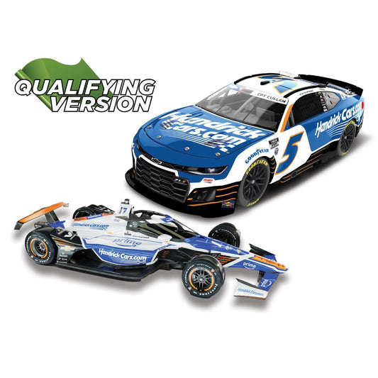 AUTOGRAPHED Kyle Larson 2025 H1100 Qualifying Edition HendrickCars.com Indy 500 No. 17 1:18 Scale & Coke 600 No. 5 1:24 Scale 2-Pack Die-Cast Set