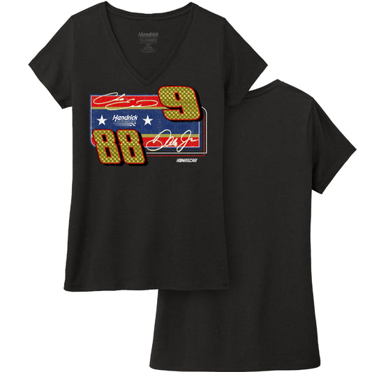 Chase Elliott #9 / Dale Earnhardt Jr. #88 Darlington Throwback Women's V-Neck T-shirt