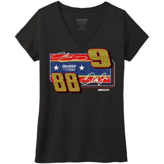 Chase Elliott #9 / Dale Earnhardt Jr. #88 Darlington Throwback Women's V-Neck T-shirt