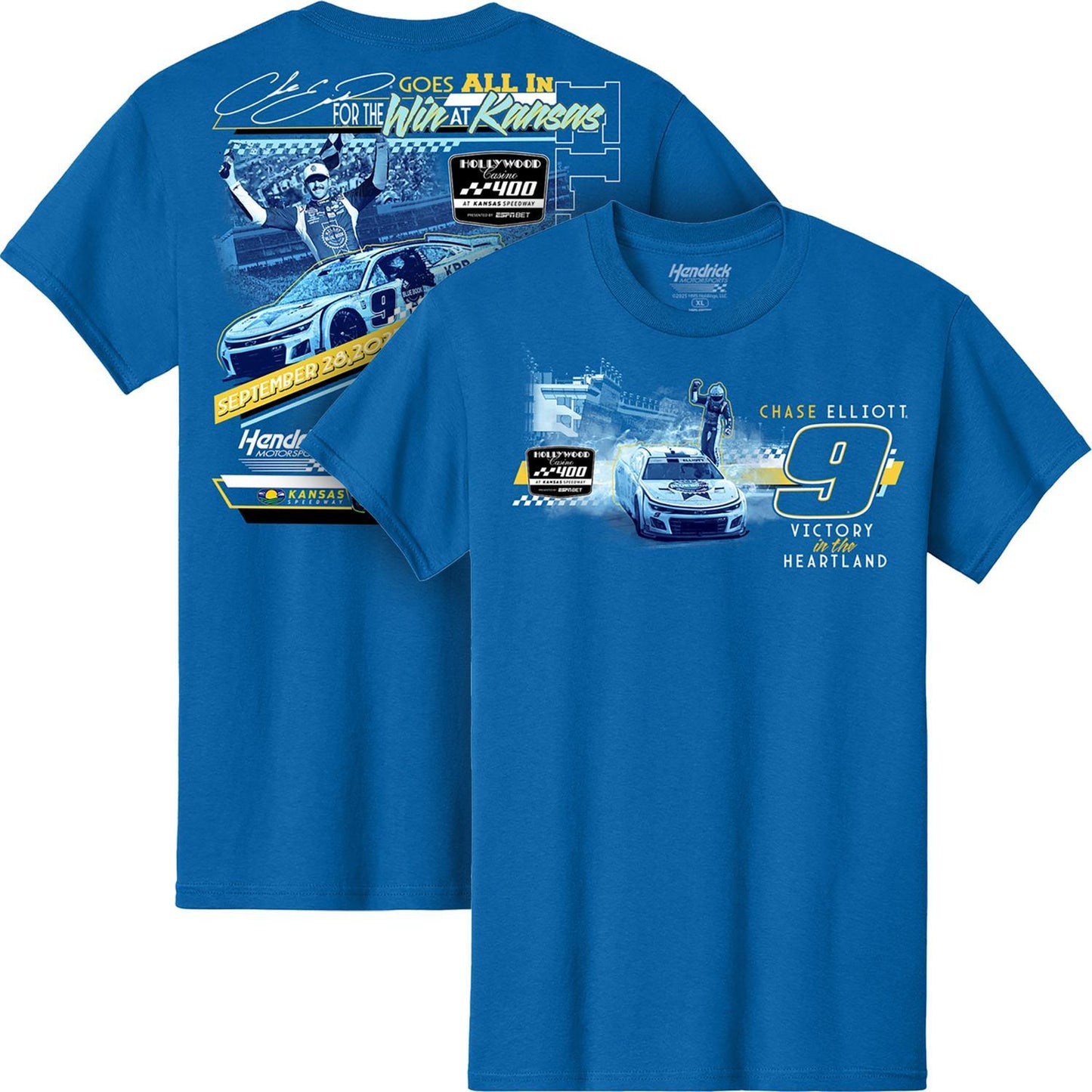 Chase Elliott #9 Kansas Kelley Blue Book Royal Blue Win T-shirt