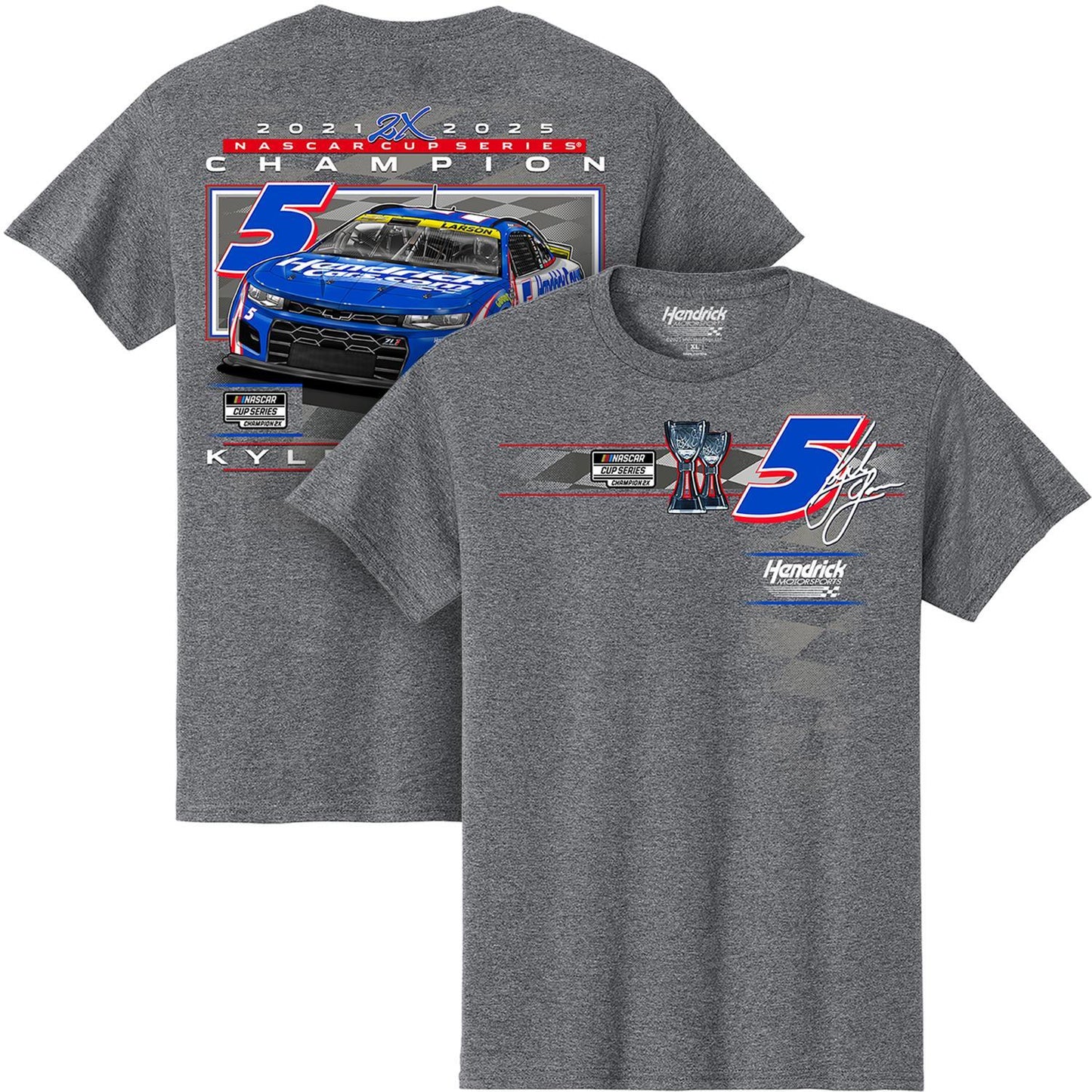 Kyle Larson #5 2025 2X NASCAR Champion HendrickCars.com Gray T-shirt
