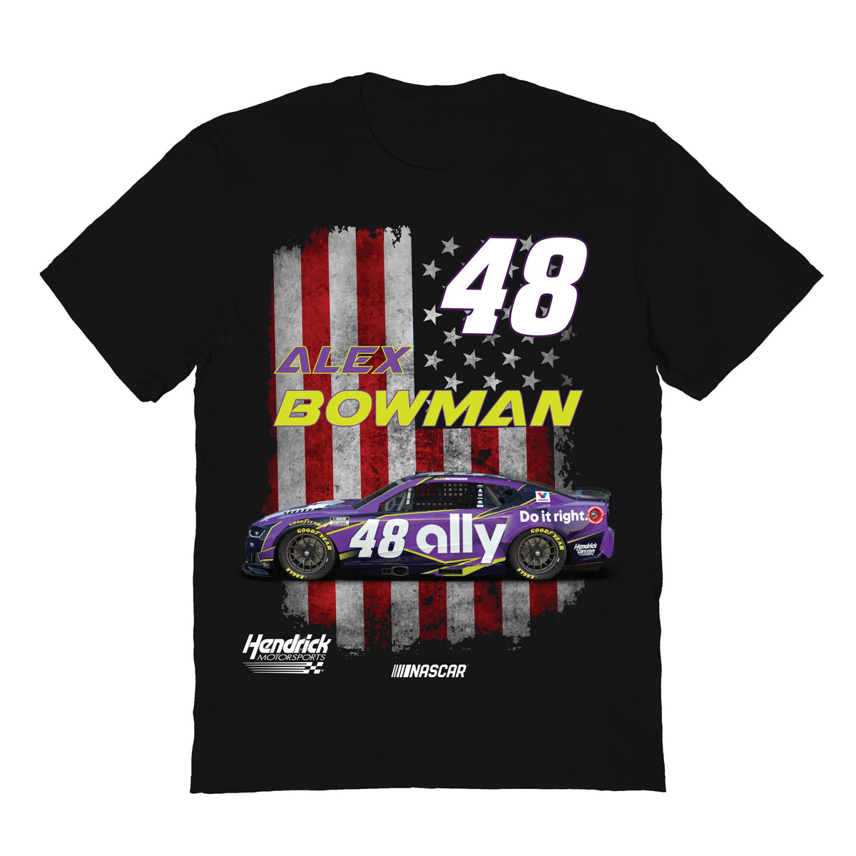 Alex Bowman #48 American Flag Cotton T-Shirt - Black