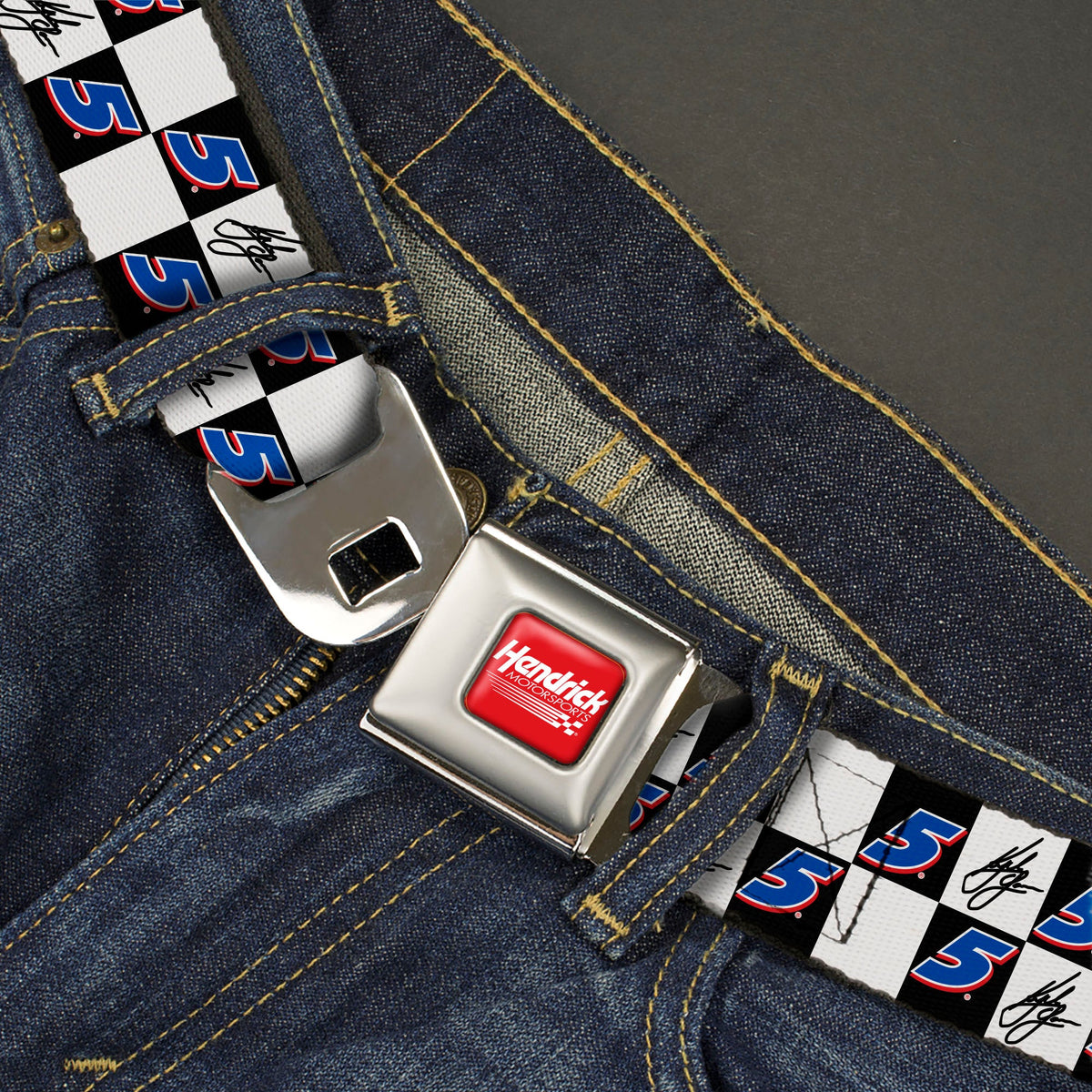 Kyle Larson #5 Autograph Checker Logo Seatbelt Buckle Belt