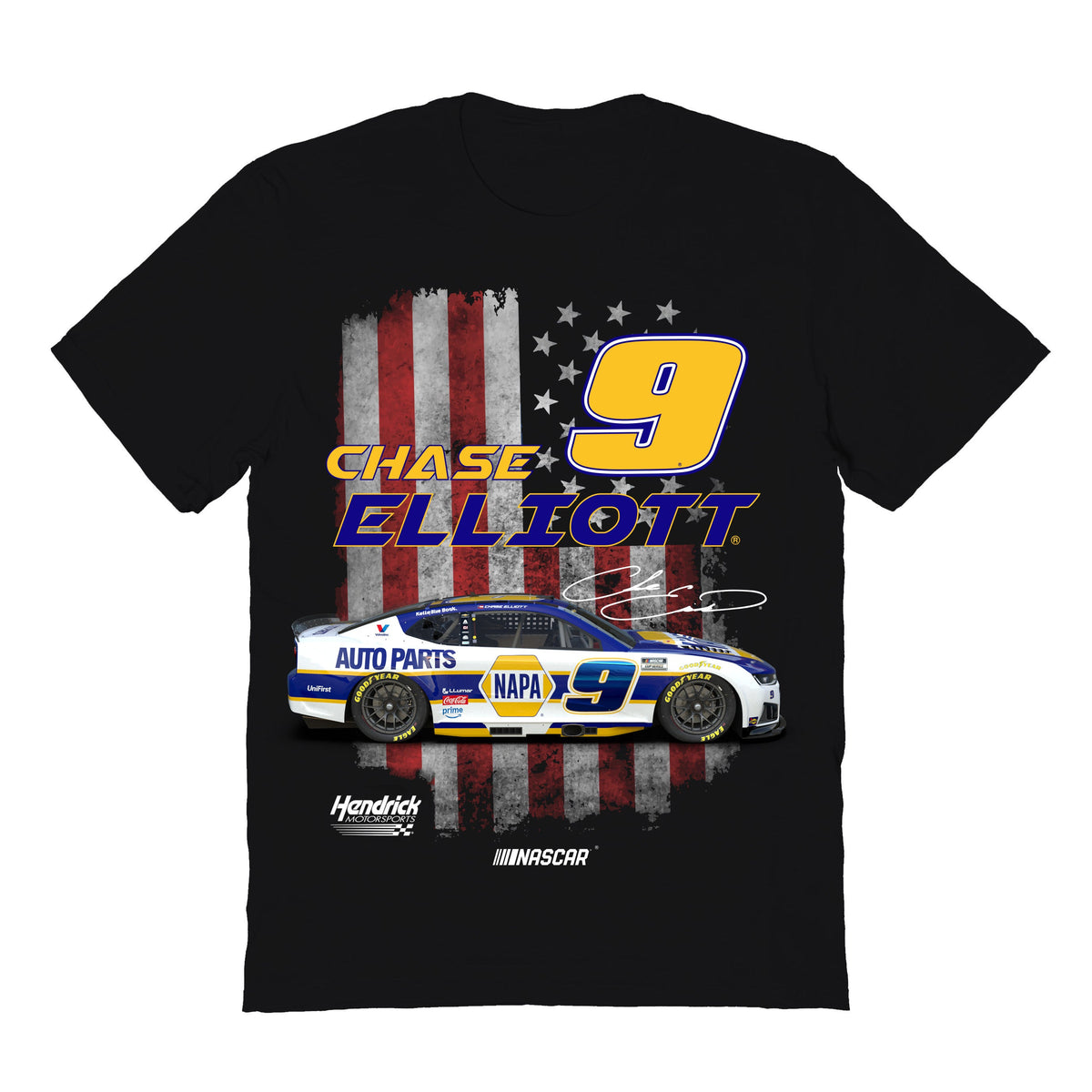 Chase Elliott NASCAR American Flag Cotton T-Shirt - Black
