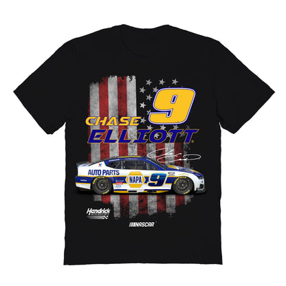 Chase Elliott NASCAR American Flag Cotton T-Shirt - Black