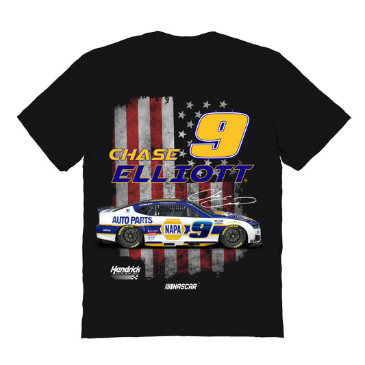 Chase Elliott NASCAR American Flag Cotton T-Shirt - Black