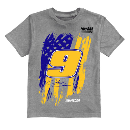 Chase Elliott #9 American Flag Cotton T-Shirt - Grey